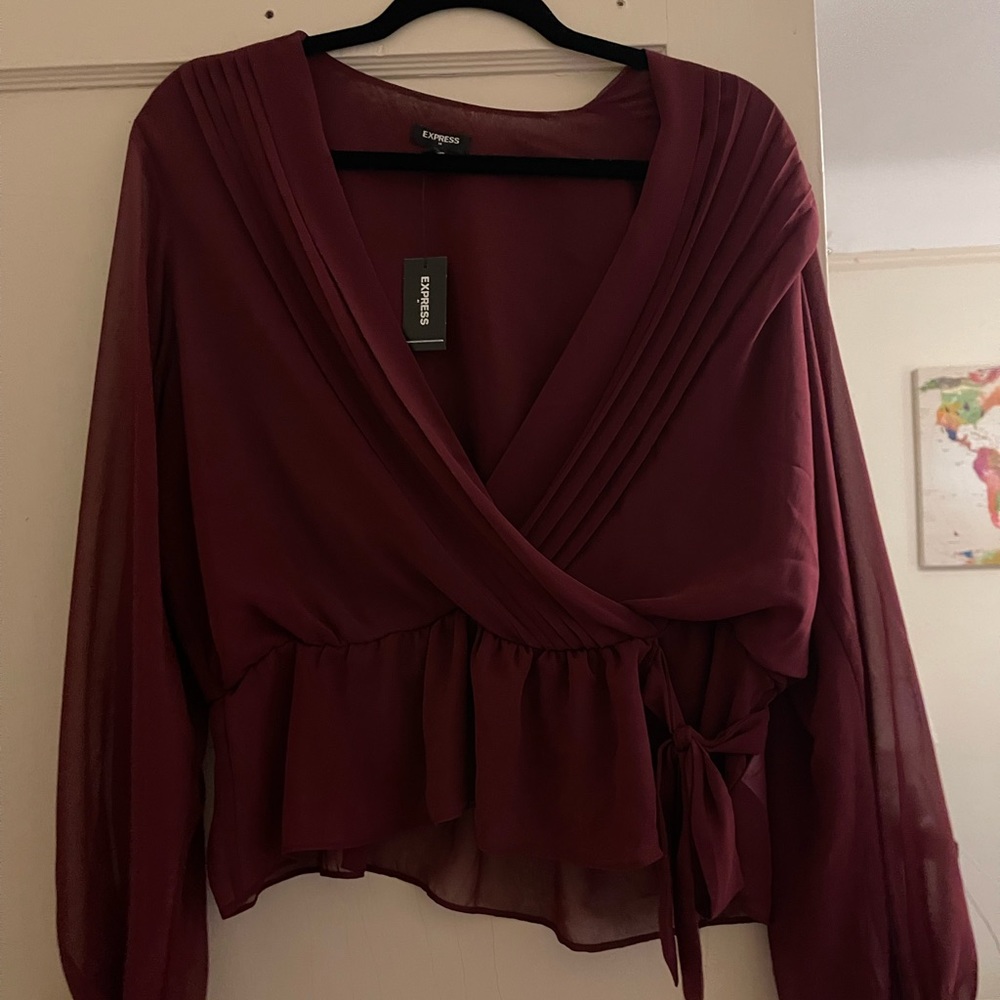 Purple Mesh Pemplum Long Sleeve Blouse